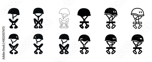 Set of climbing icons: helmets and harnesses in various styles