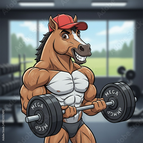 A muscular horse doing barbell curls in the gym