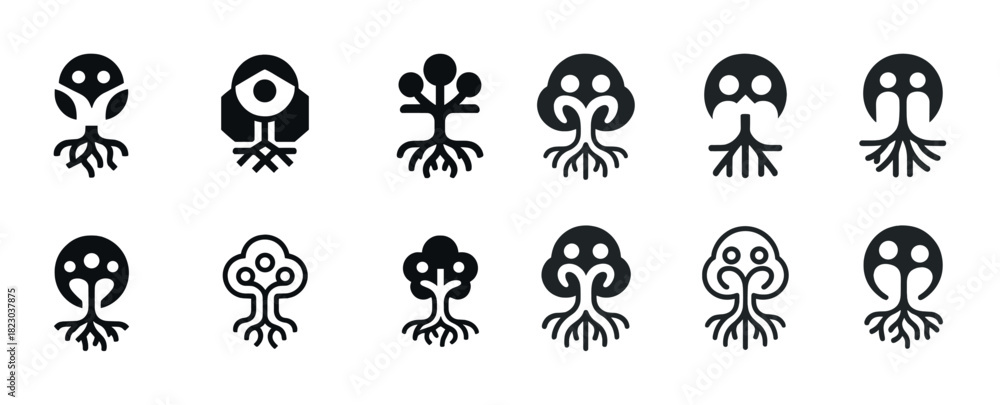 Fototapeta premium Collection of black and white symmetrical tree-inspired alien logos