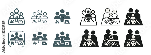 Icon set of people engaged in craft activities with art supplies