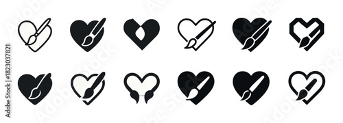 Heart and paintbrush icon set: art and love symbols for creative design