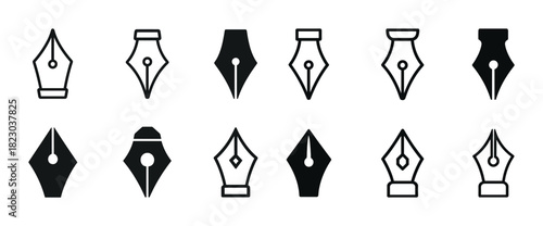 Set of diverse fountain pen nib icons in black and white vector style
