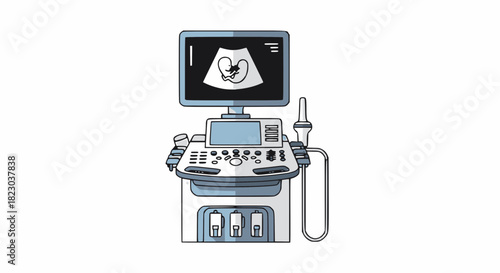Medical ultrasound machine displaying a fetal scan on its monitor, used for prenatal diagnosis.