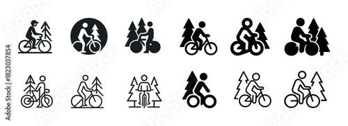 Simple cycling icons with trees in black and white style