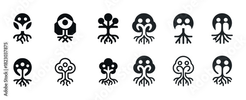 Collection of black and white symmetrical tree-inspired alien logos