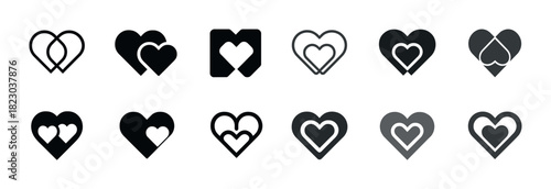 Monochrome heart icon set featuring diverse interlocking designs