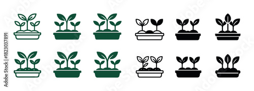 Set of plant icon variations: green and black seedlings in pots