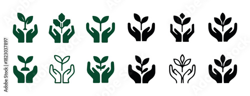 Set of plant and hand icons in various styles symbolizing growth and care