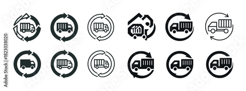 Recycling truck icons set: circular economy and waste management symbols