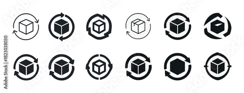 Minimalist black icons of 3d cube variations with arrows in a circular pattern