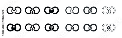 Set of minimalist interlocking infinity loop icons with cube elements