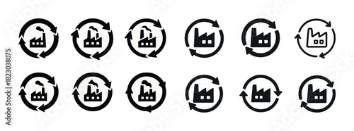 Collection of recycling icons featuring factory symbols and arrows