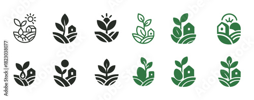 Eco-friendly agriculture icons set with plant and farmhouse symbols