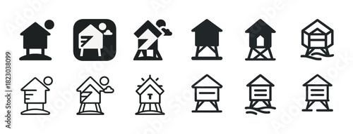 Set of house icons on stilts in various design styles and formats
