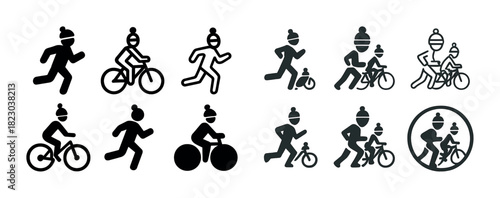 Winter sports icons: running, cycling, dual races in black and white
