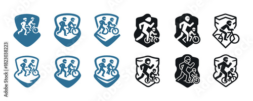 Triathlon icons set with running, cycling, swimming figures