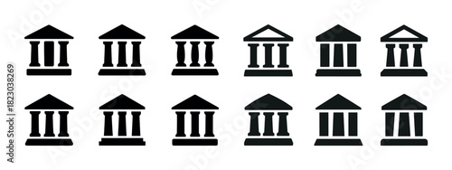 Set of twelve black silhouette bank building icons on white background