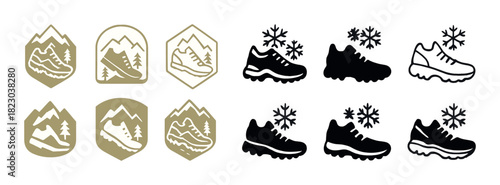 Outdoor hiking shoe icons with mountain and snowflake elements