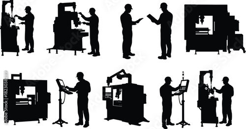 Industrial silhouettes of workers operating CNC machines, robotic arms, testing equipment, factory automation illustration, manufacturing workplace safety artwork design