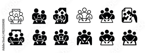 Set of 12 collaboration and teamwork icons in black and white