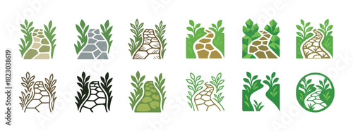 Collection of decorative stone pathways with green foliage designs