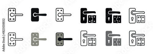 Set of black and gray door handles with keyhole illustrations