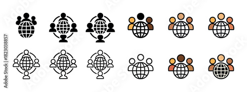 Global community icons set with diverse people connected around the globe