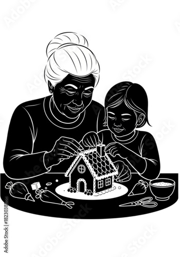 Grandmother and grandchild decorating a gingerbread house together.
