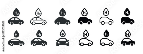Hydrogen fuel cell cars icons: eco-friendly transportation illustration