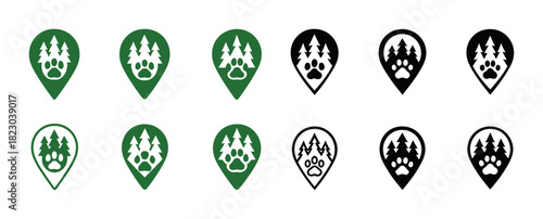 Forest animal paw print location icons in green and black variations
