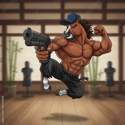 Muscular horse poses with a gun in dojo cartoon
