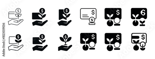 Financial growth icons: hand, plant, dollar symbol, card, outline and solid styles