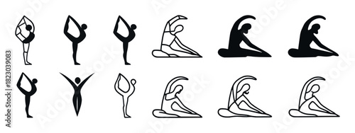 Set of silhouette yoga poses highlighting flexibility and balance