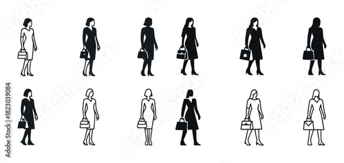 Black and white silhouettes of female figures with handbags