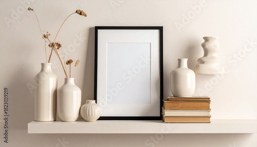 Wallpaper Mural Blank Black Frame Mockup on Shelf with Neutral Ceramic Vases and Books Torontodigital.ca