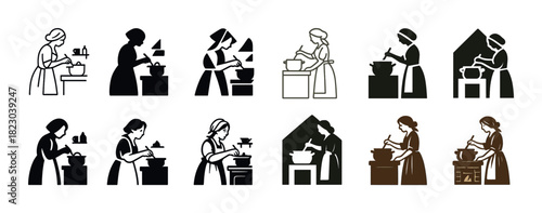 Vintage silhouettes of women cooking: retro kitchen scenes in black and white