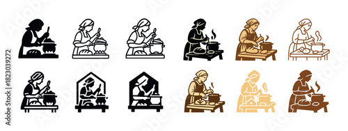 Vintage cooking silhouettes: female figures in traditional kitchens