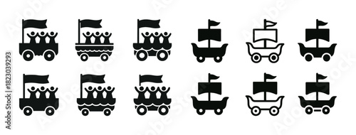 Black and white cartoon ships and carriages with flags