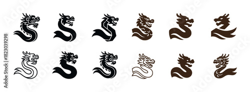 Set of black and brown dragon silhouettes in various styles