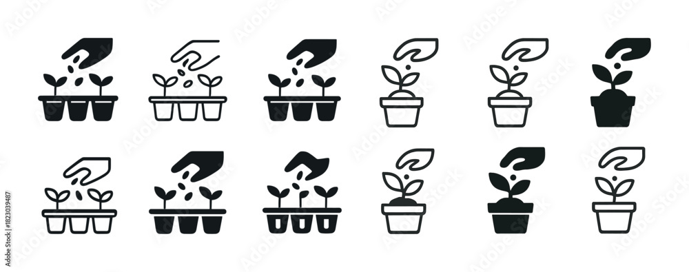 Fototapeta premium Growth symbols: hands nurturing seedlings in pots and containers