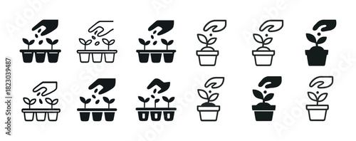 Growth symbols: hands nurturing seedlings in pots and containers