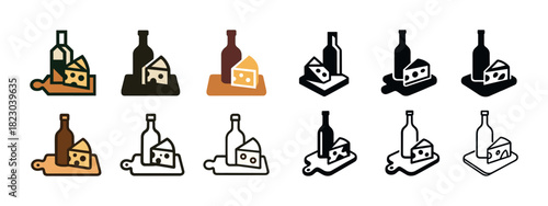 Wine bottle and cheese icon set in various styles and colors