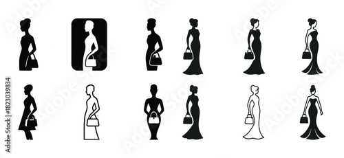 Silhouettes of women in dresses and handbags