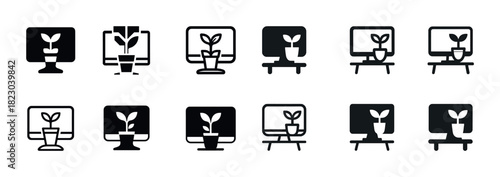 Icon set of plant and computer monitors in black and white style