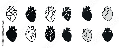 Set of various stylized human heart icons in black and white