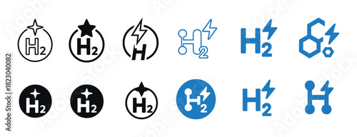 Hydrogen icons set: h2 molecule symbols and energy logos in black and blue