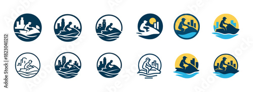 Icon set of jet ski riders with cityscape backgrounds in various colors