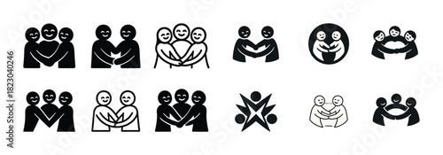 Set of icons depicting friendship and unity with hugging and smiling figures