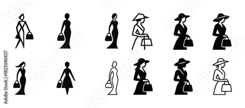 Stylized female silhouettes with handbags in various outfits and hats