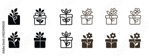 Set of plant icon variations with decorative flowers and leaves